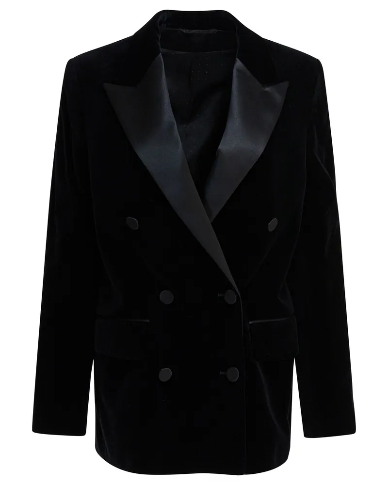 Golden Goose Zweireihiger Blazer aus goldenem Gänsesamt und Satin Black