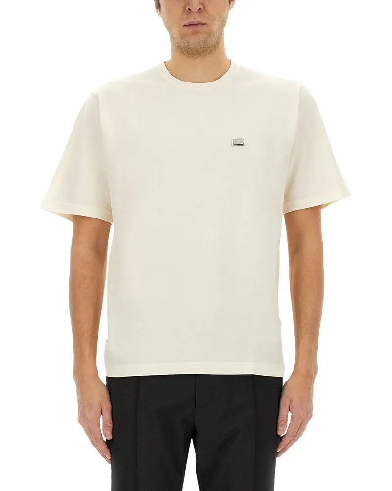 Dolce & Gabbana Baumwoll -T -Shirt mit Plakette Ivory