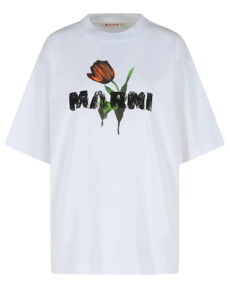 Marni weiße Baumwoll -T -Shirt mit Tulpendruck White