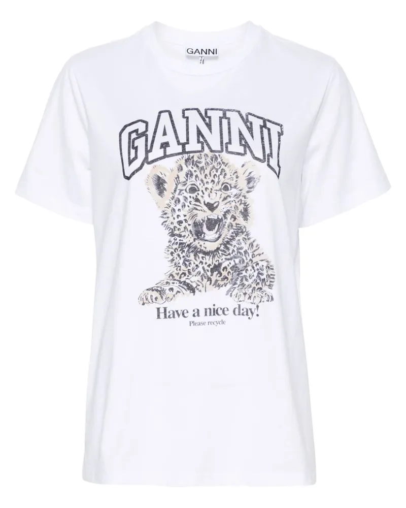 Ganni Leopard Bio -Baumwoll -T -Shirt White