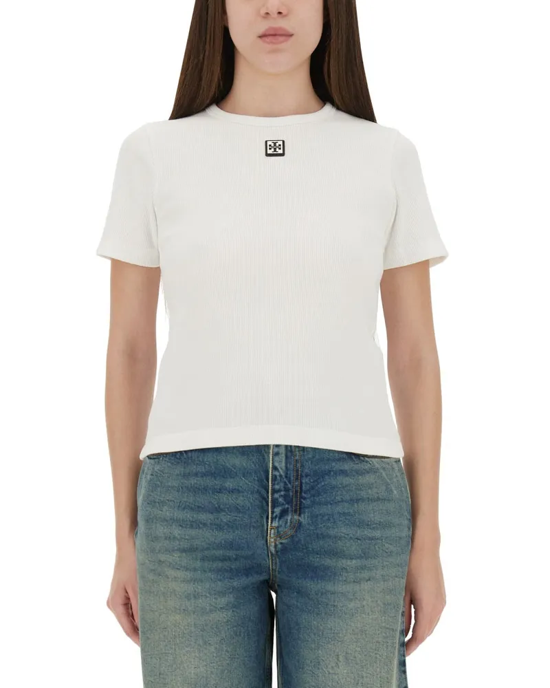 Tory Burch e gerippte Baumwoll -T -Shirt White