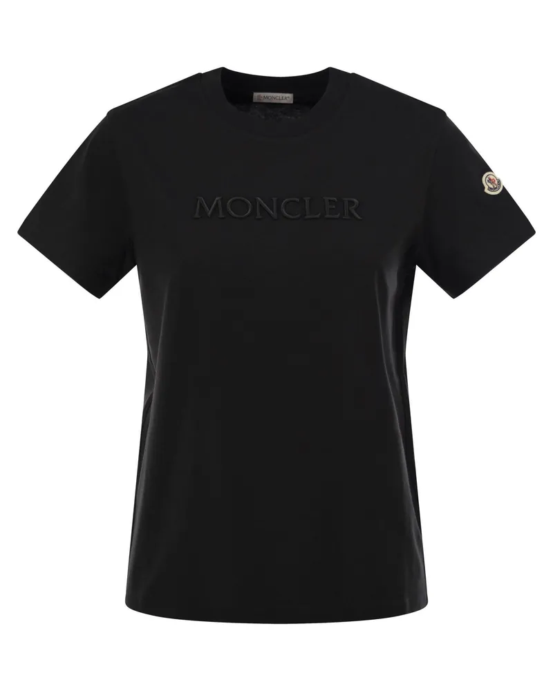 Moncler Baumwoll -T -Shirt mit Ton auf dem Ton gestickten Logo Black