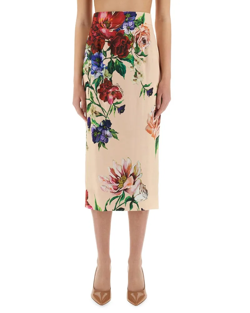 Dolce & Gabbana Blumendruck Satin Midi Bleistiftrock Pink