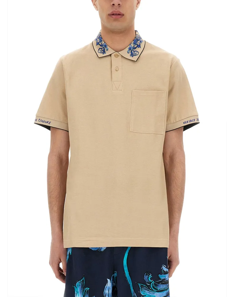 Versace Jeans Polo -Hemd mit Barock -Umrisskragen Beige