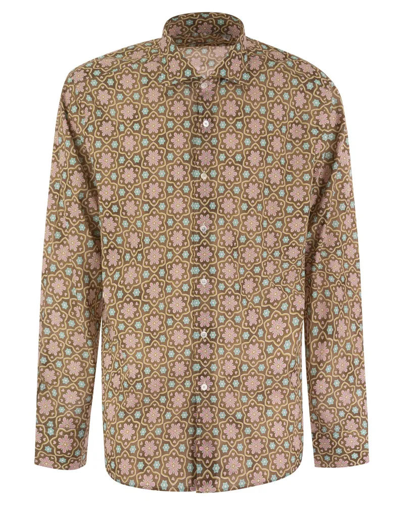Fedeli gedrucktes Stretch -Baumwoll -Voile -Hemd Brown