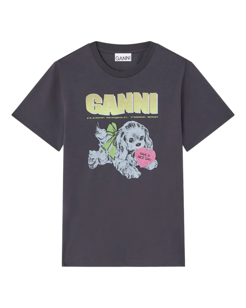 Ganni Neon Welpe Bio -Baumwoll -T -Shirt Grey