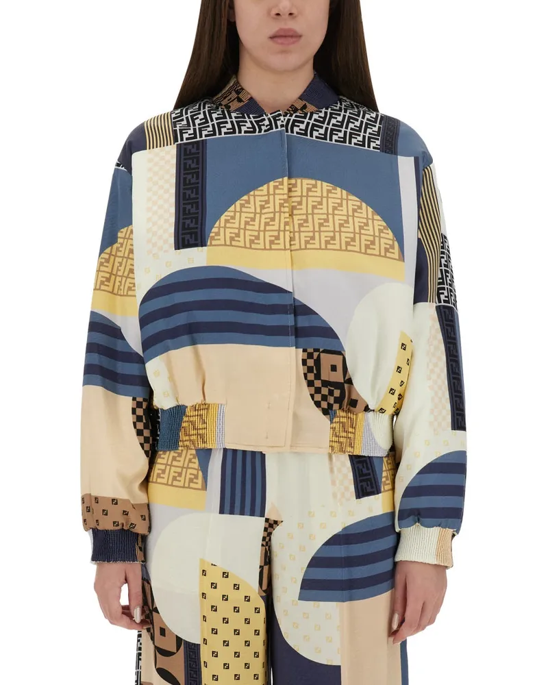 Fendi Seidenbomberjacke mit Patchwork -Druck Blue