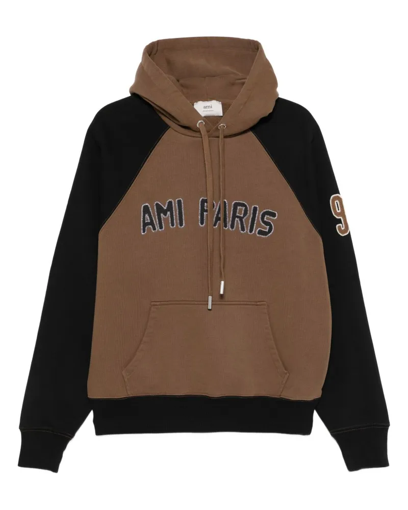 AMI Paris Cotton Colorblock Hoodie Brown