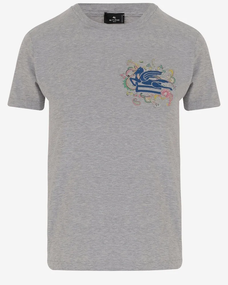 Etro Baumwoll -T -Shirt mit Pegasus und Monogramm Grey