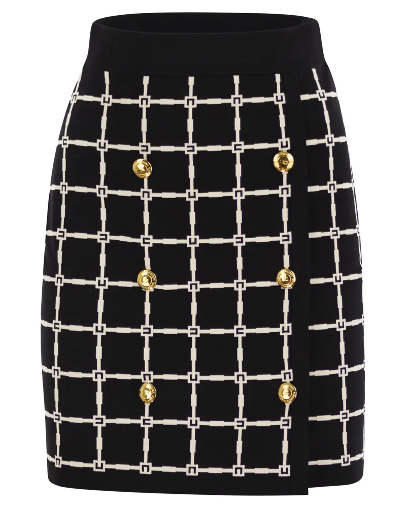 Elisabetta Franchi Jacquard Logo Minirock mit goldenen Knöpfen Black