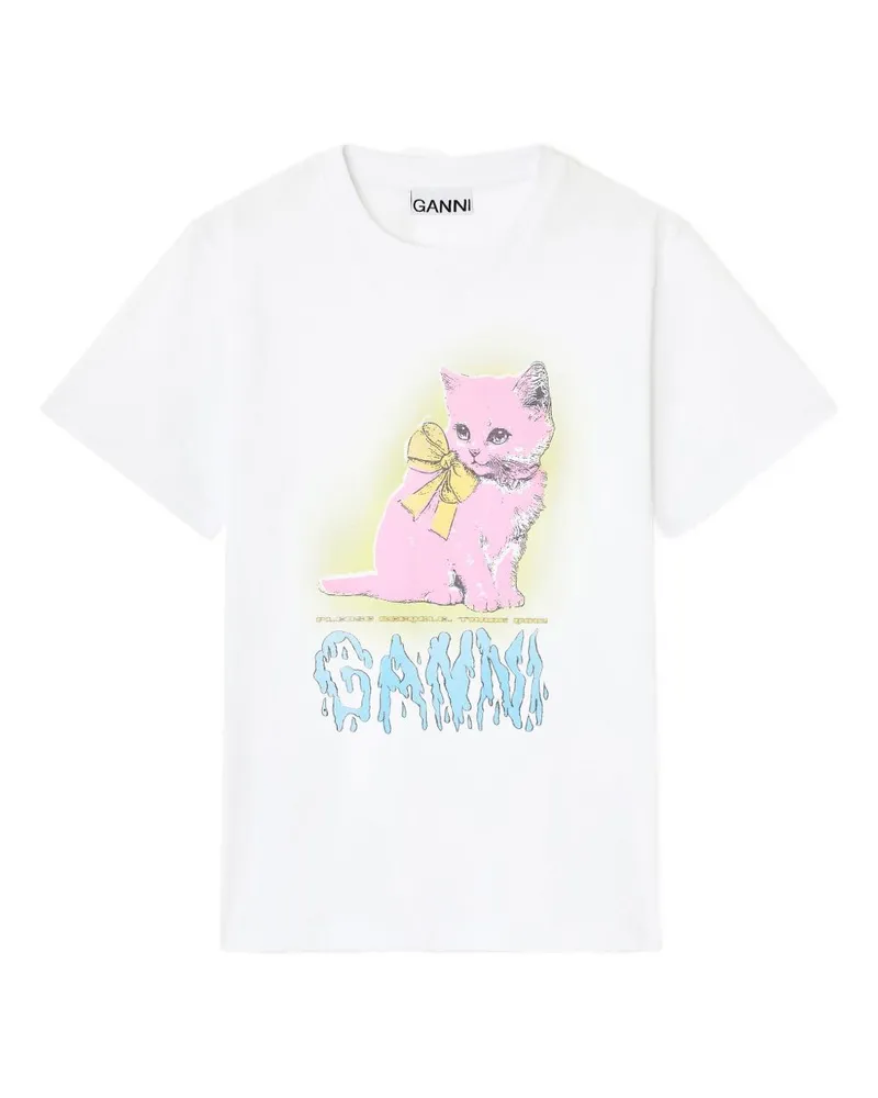 Ganni Neon Kitty Bio -Baumwoll -T -Shirt White
