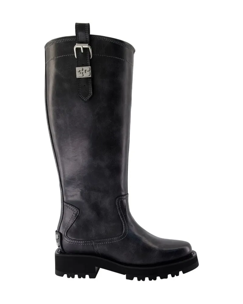 Ganni Nieten Vintage Stiefel  Leder Grau Grey