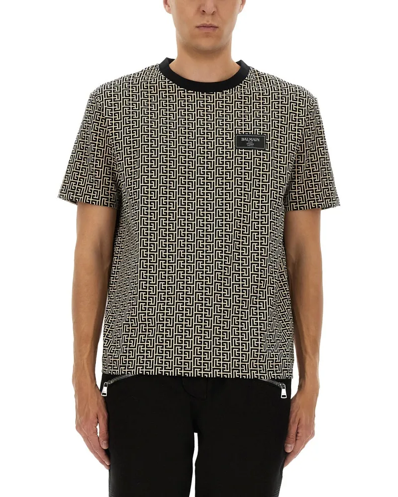 Balmain Monogrammed Jacquard T -Shirt Grey