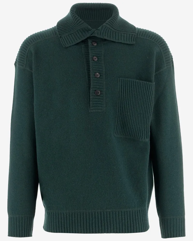 Giorgio Armani Wool And Cashmere Sweater With Ribbed Collar Verde