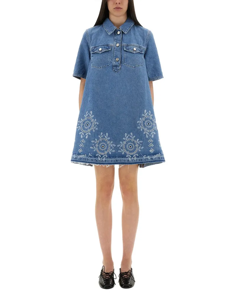 Ganni Mini -Kleid mit Sangallo -Stickerei Denim