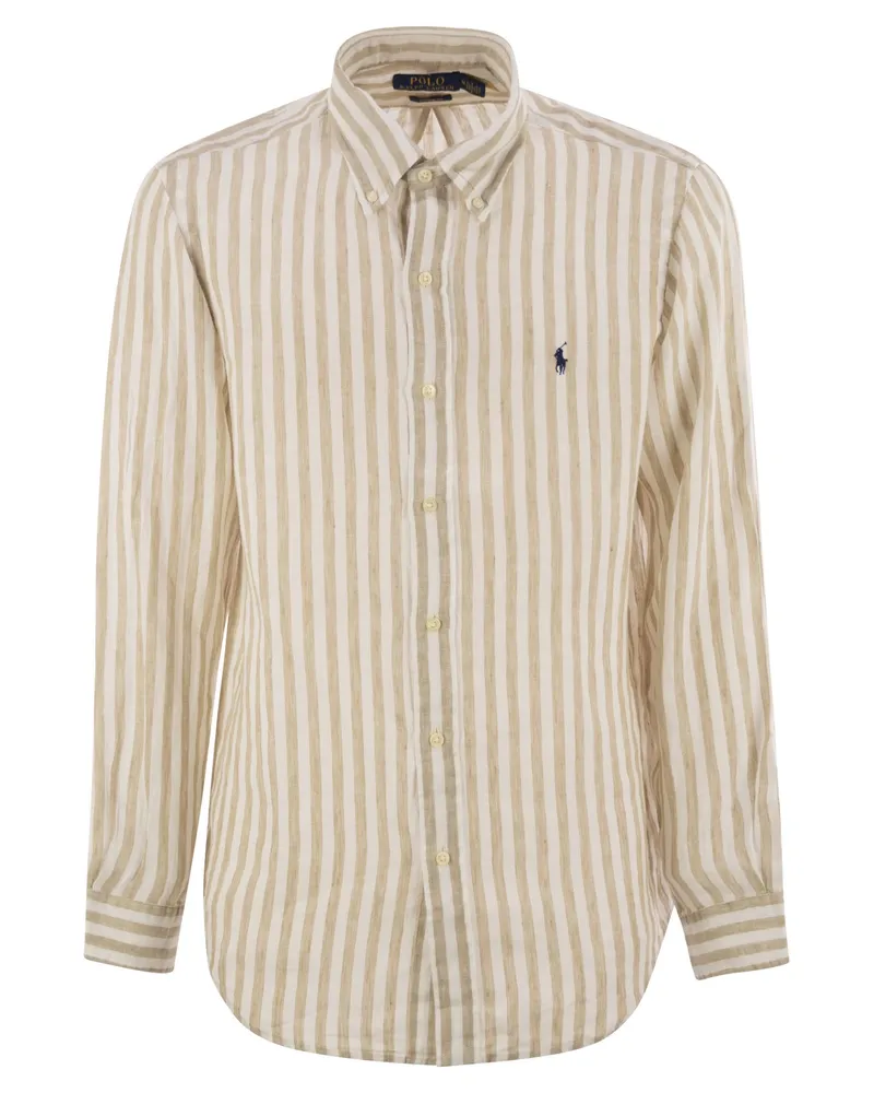 Ralph Lauren Custom Fit gestreiftes Leinenhemd Beige