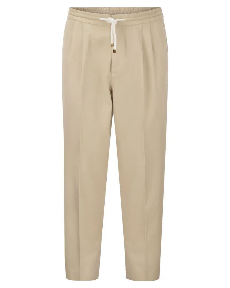 Brunello Cucinelli Freizeitfunktion Baumwoll -Gabardinenhose mit Kordelkordel und Doppelpfeilen Beige