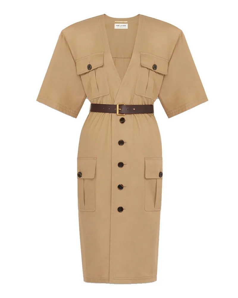 Saint Laurent Knielänge Saharienne Kleid Beige