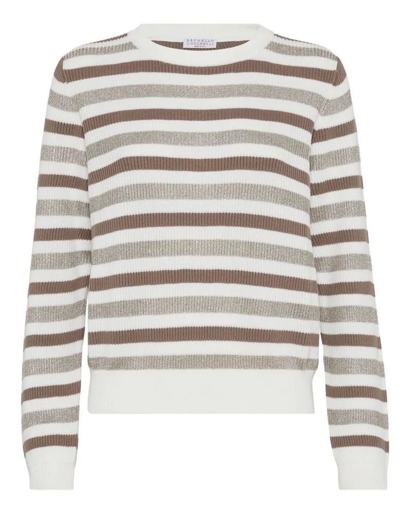 Brunello Cucinelli gestreiftes Baumwoll -Crewneck -Pullover Beige