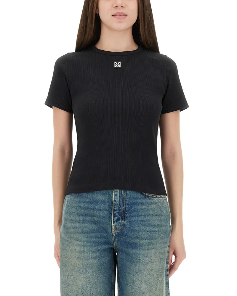 Tory Burch e gerippte Baumwoll -T -Shirt Black