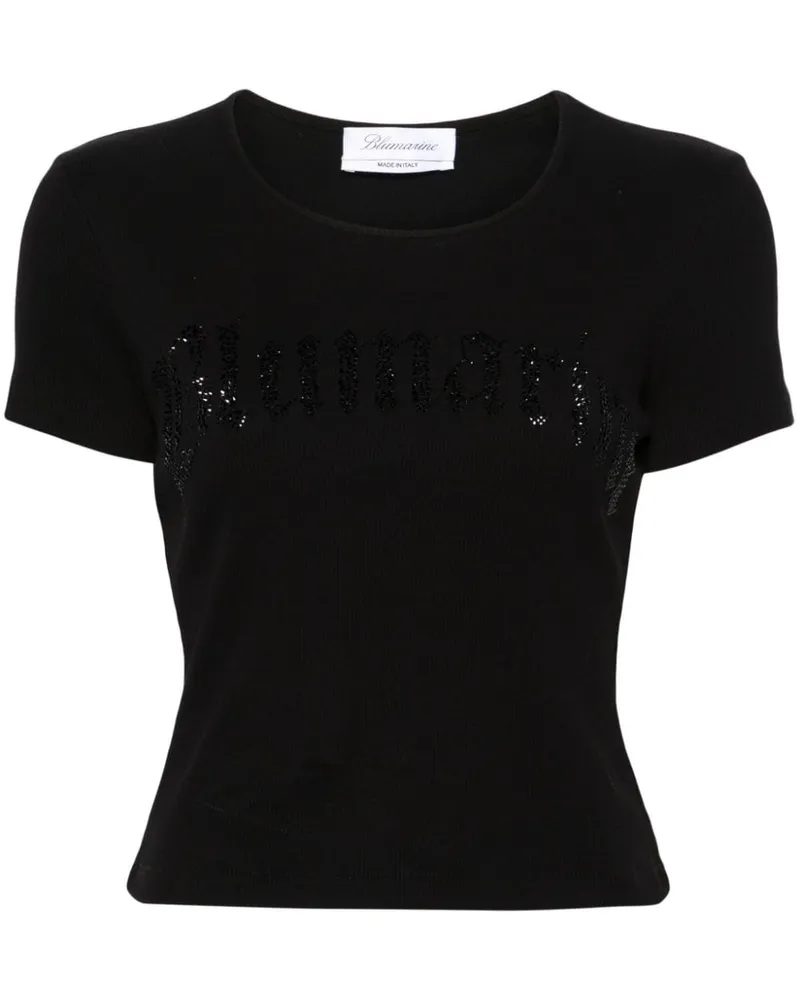 Blumarine Logo gerippter Baumwollgeschnittenes T -Shirt Black