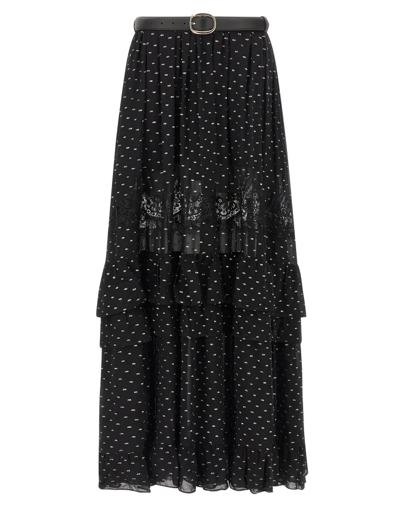 Self-Portrait Selbstporträt-Maxirock „Schwarz-goldener Chiffon-Spitze Black