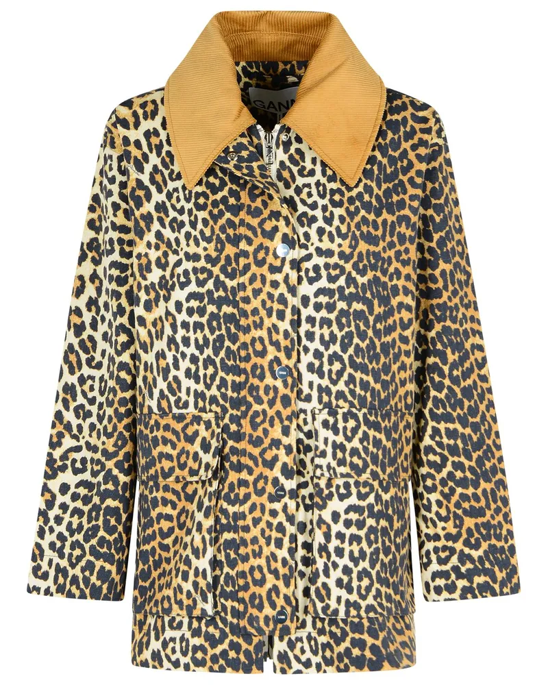 Ganni Leopard Print Midi Jacke in Tela Multicolor