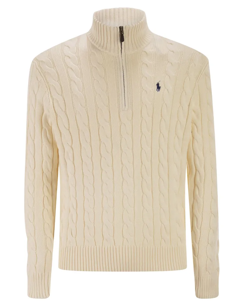 Ralph Lauren Baumwollpullover mit Zopfmuster und Reißverschluss Cream