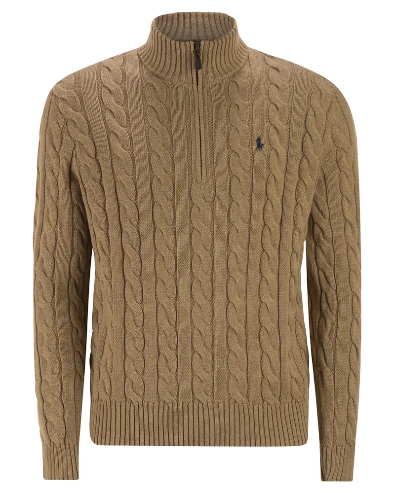 Ralph Lauren Baumwollpullover mit Zopfmuster und Reißverschluss Camel