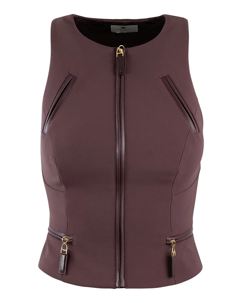 Elisabetta Franchi Top in Doppio Crêpe Con DeTagli Zip Bordeaux Merlot