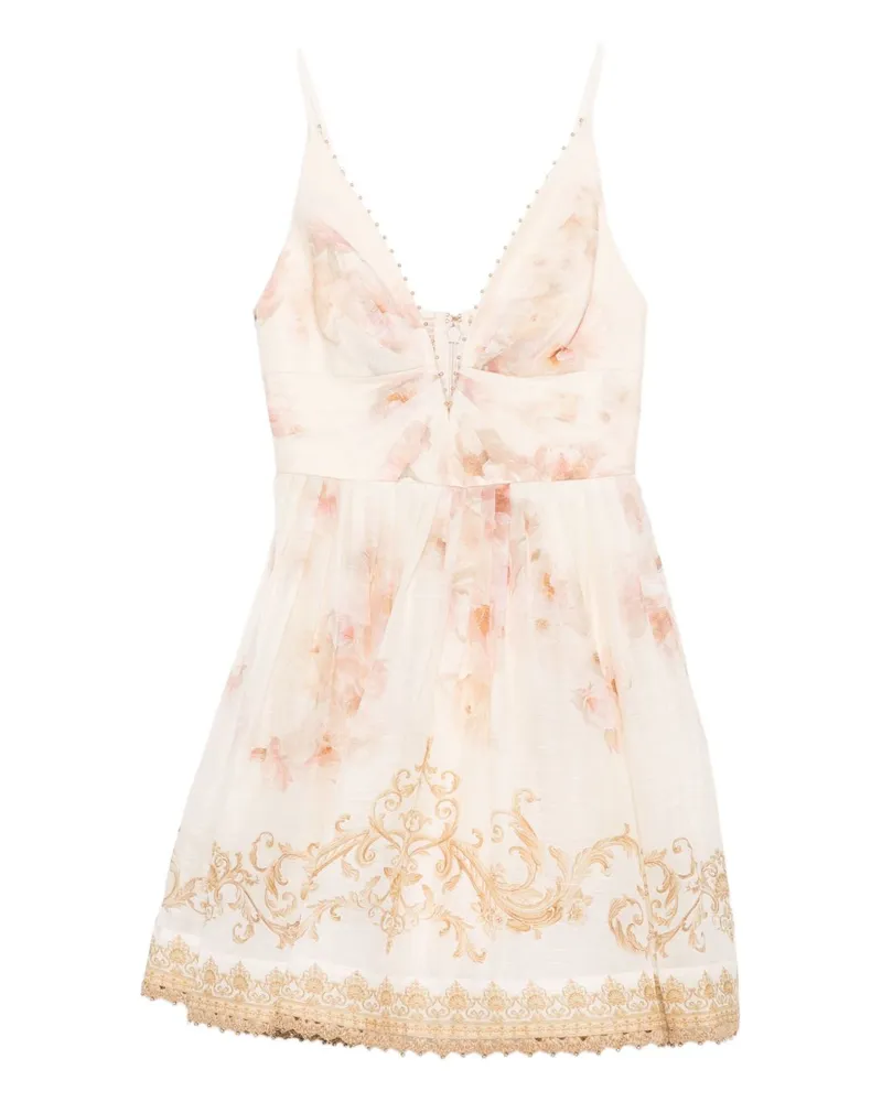 Zimmermann Hypnotische Leinen- und Seiden -Mini -Kleid Beige