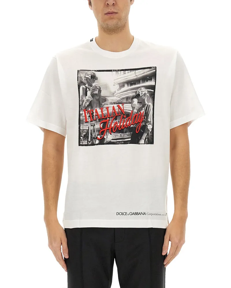 Dolce & Gabbana Baumwoll -T -Shirt mit "italienischer Feiertag" Druck White