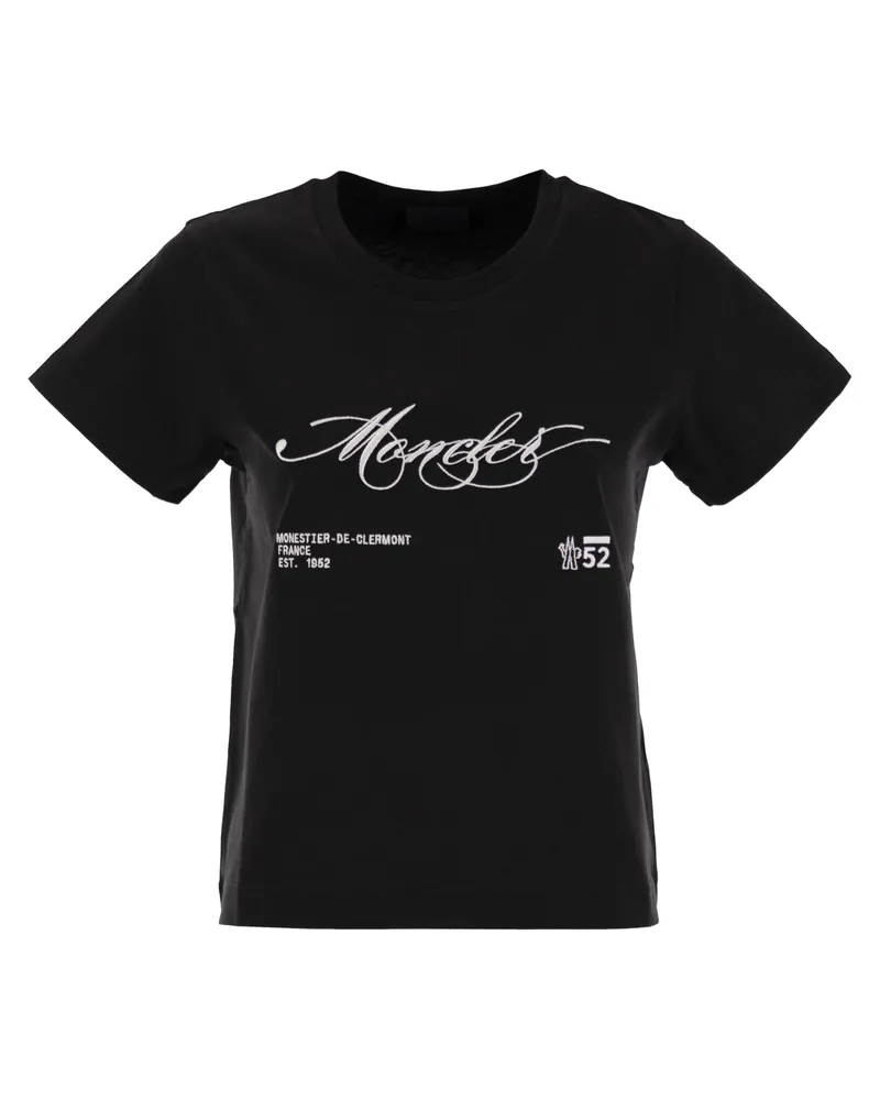 Moncler Baumwoll -T -Shirt mit gesticktem kursivem Logo Black