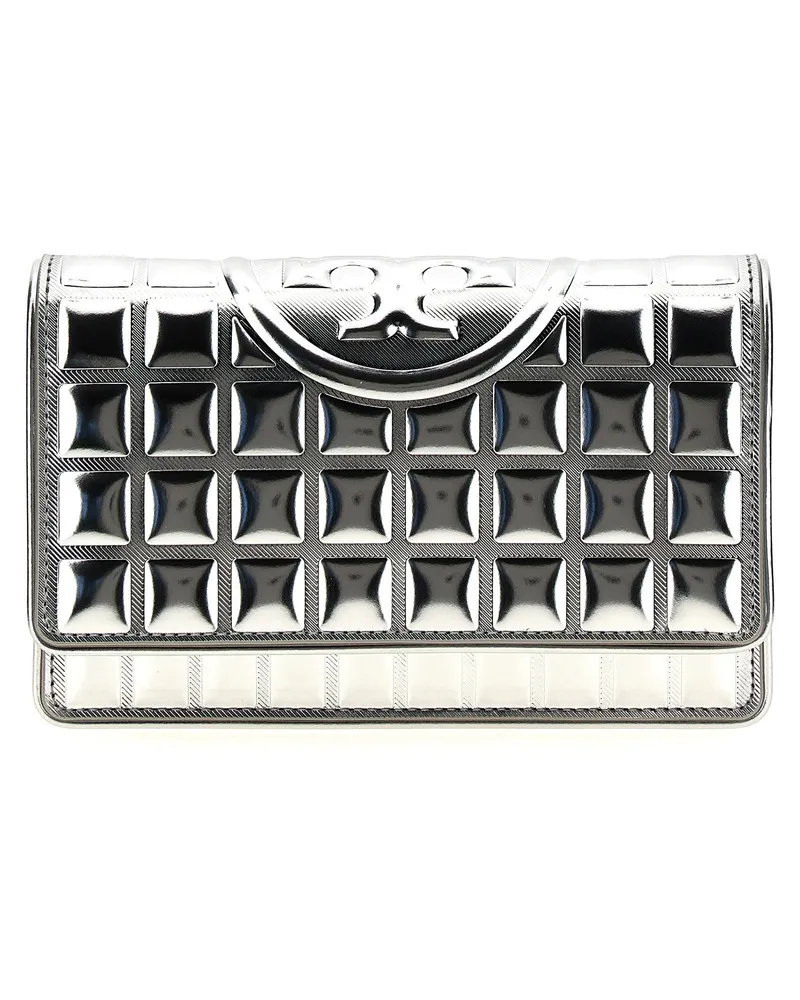 Tory Burch Fleming Metallic Quadrat Quilt' Wallet an der Kette Silver