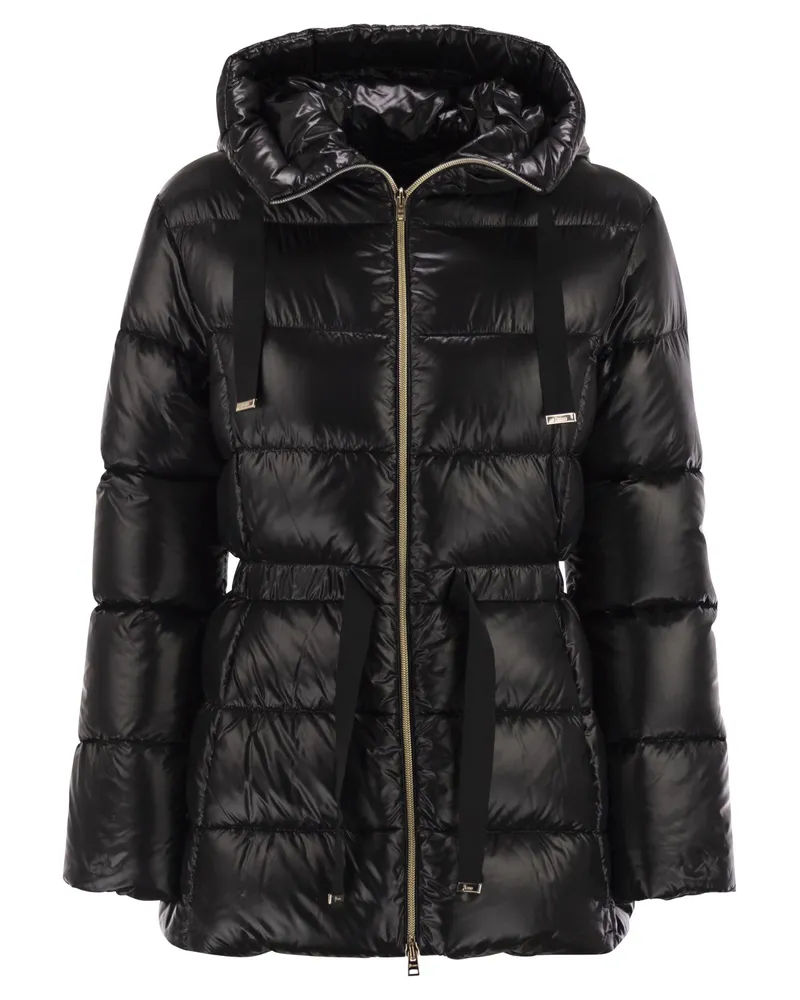 Herno Ultraleichte Daunenjacke aus Nylon mit Kordelzug an der Taille Black