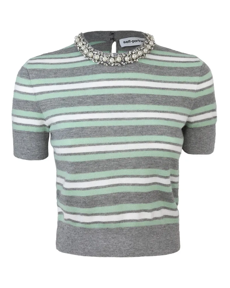 Self-Portrait Selbstporträt Maglia Grey Striped Crystal Trims Grey