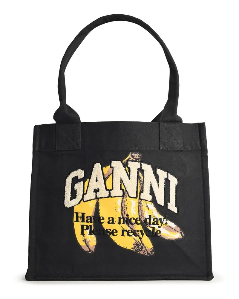 Ganni Große Bananendruckbeutel in schwarzer Baumwolle Black