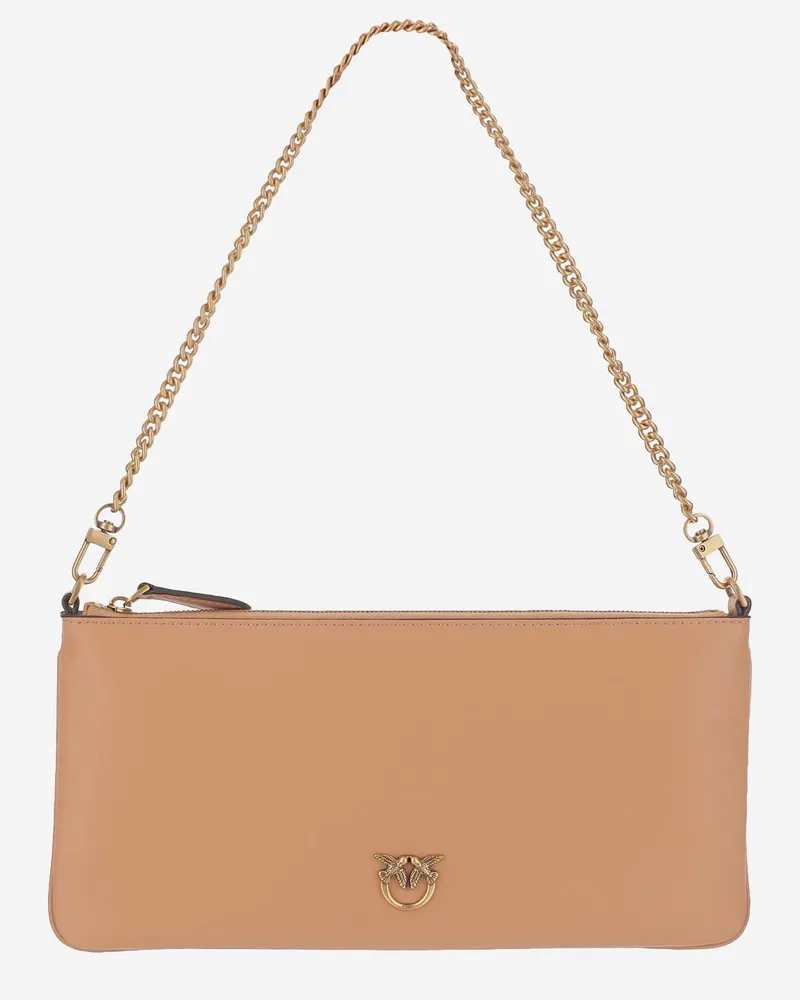Pinko Leder -Kupplungsbeutel mit Logo Beige