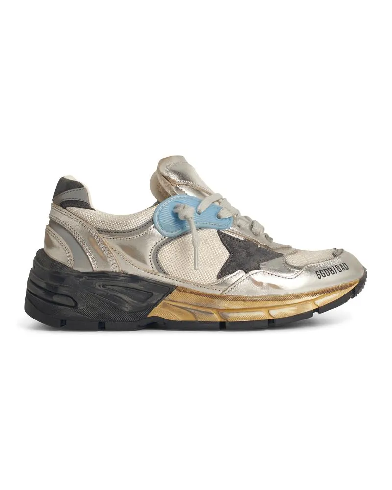 Golden Goose Frau  Dad Star 'Frau in Mesh und Silber Laminated Lear mit schwarzem Wildlederstern Silver