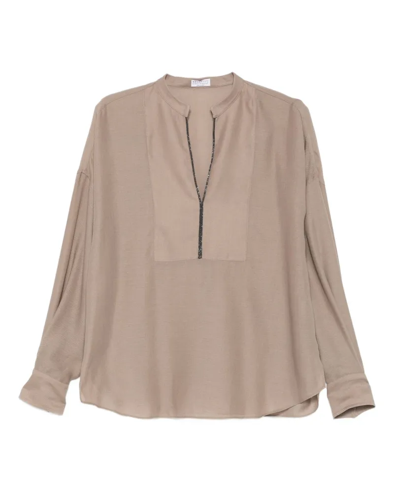 Brunello Cucinelli Bluse mit V-Ausschnitt Camel