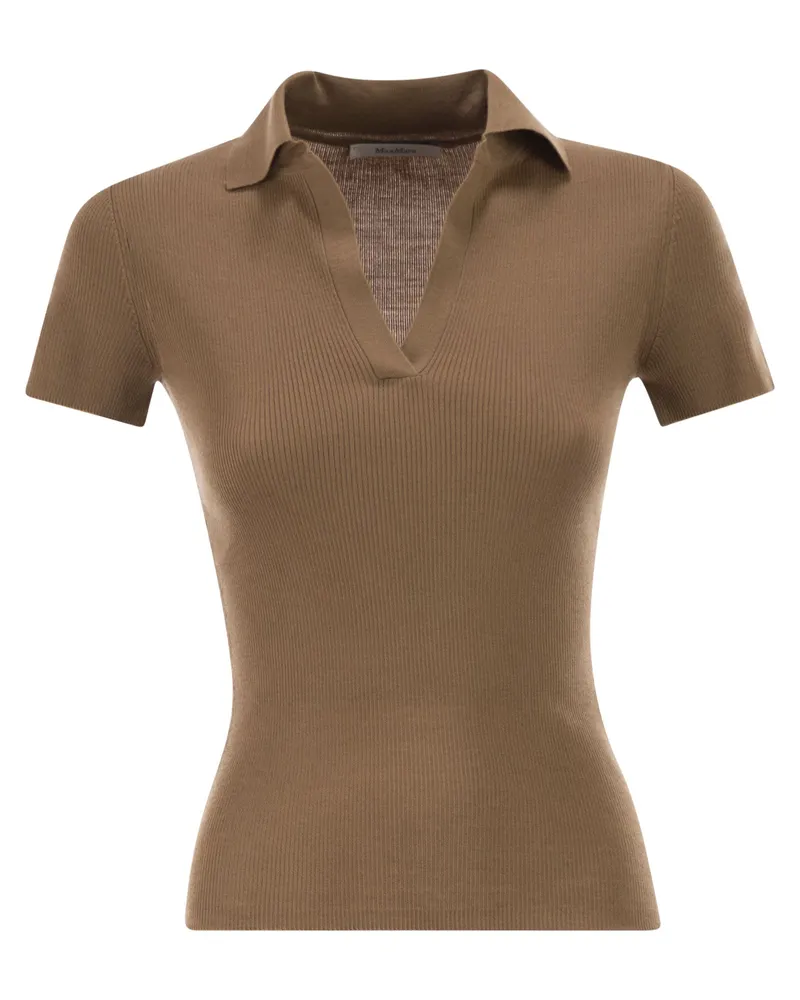 Max Mara Mxmalbero geripptes Woll-Poloshirt Camel