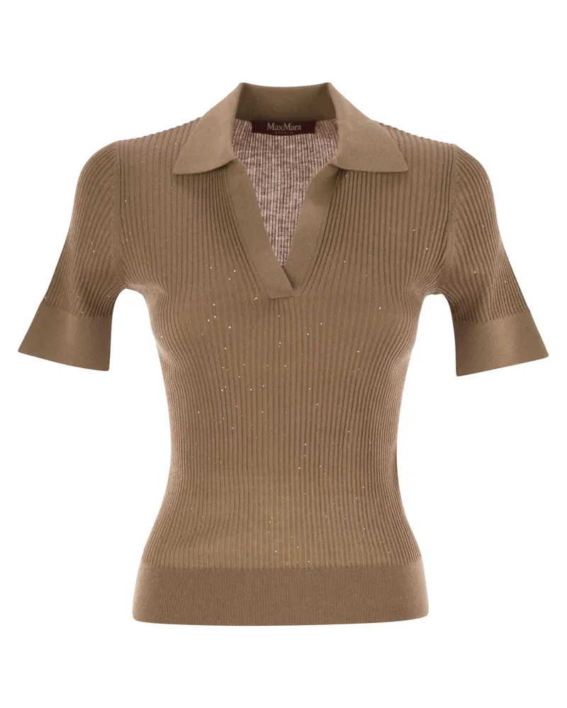 Max Mara Uberta Wolle und Seidenpolohemd mit Pailletten Camel