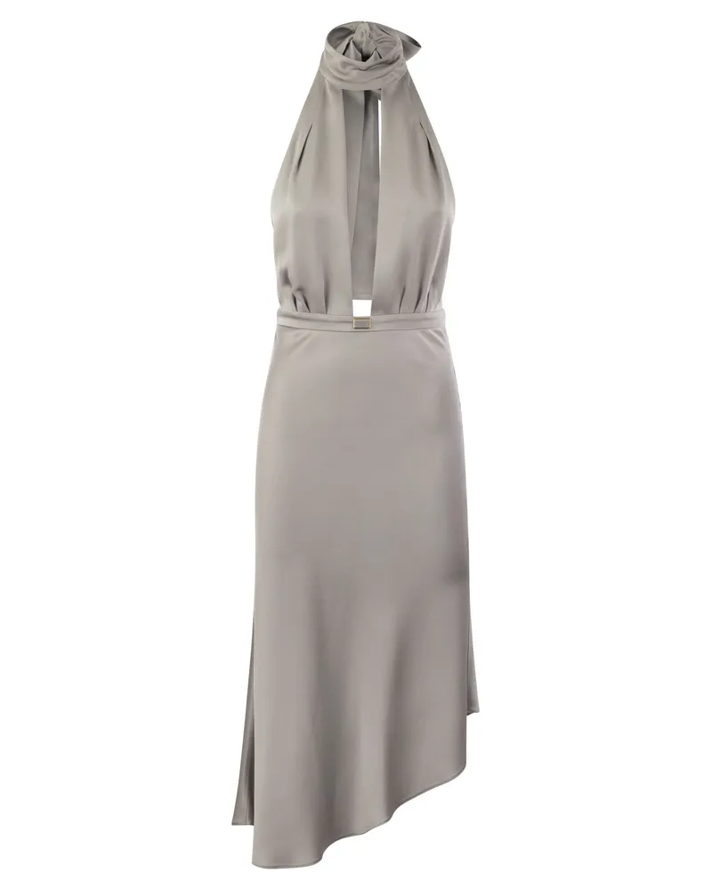 Elisabetta Franchi Satin Midi Kleid mit asymmetrischem Rock Silver