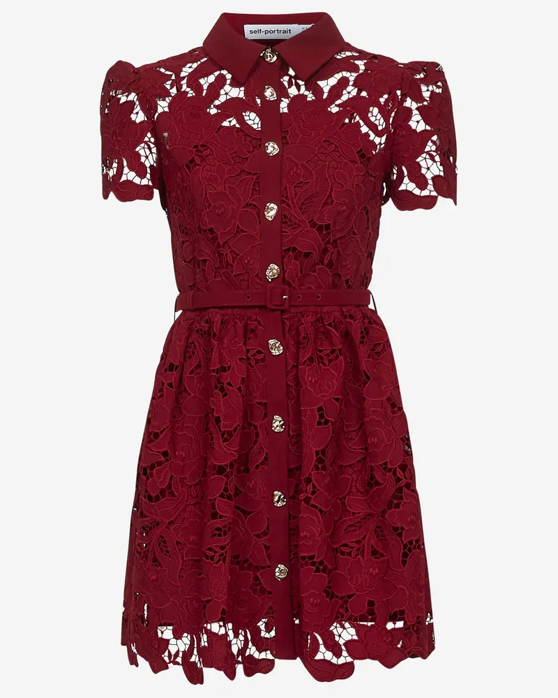 Self-Portrait Selbstporträt florales Spitzenkleid mit Puffärmelen Bordeaux