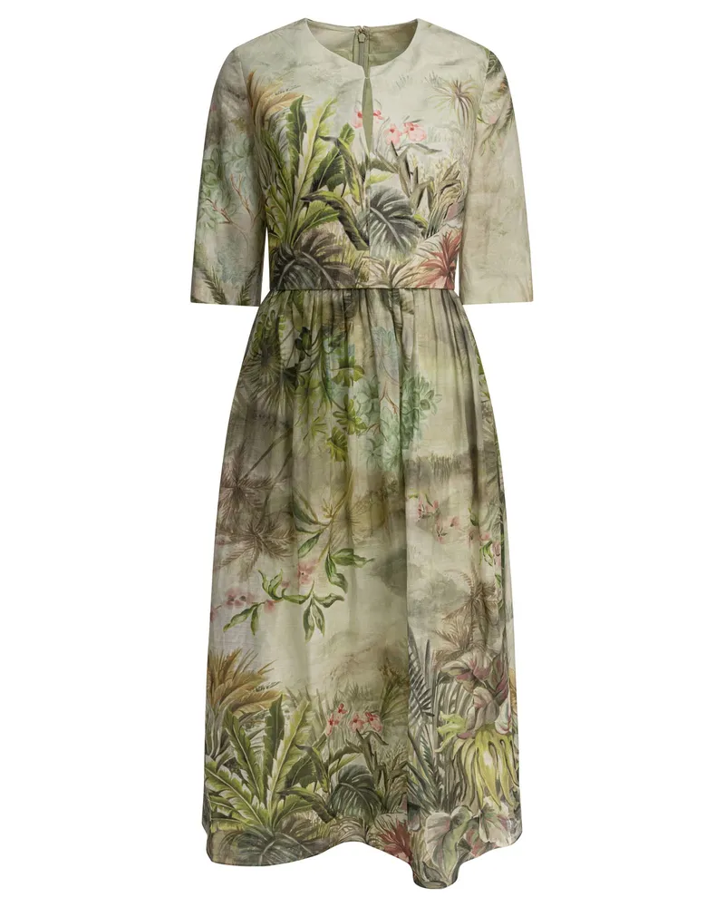 Elie Saab gedrucktes Leinen und Seiden Midi Kleid Oase II38 Leinen Green