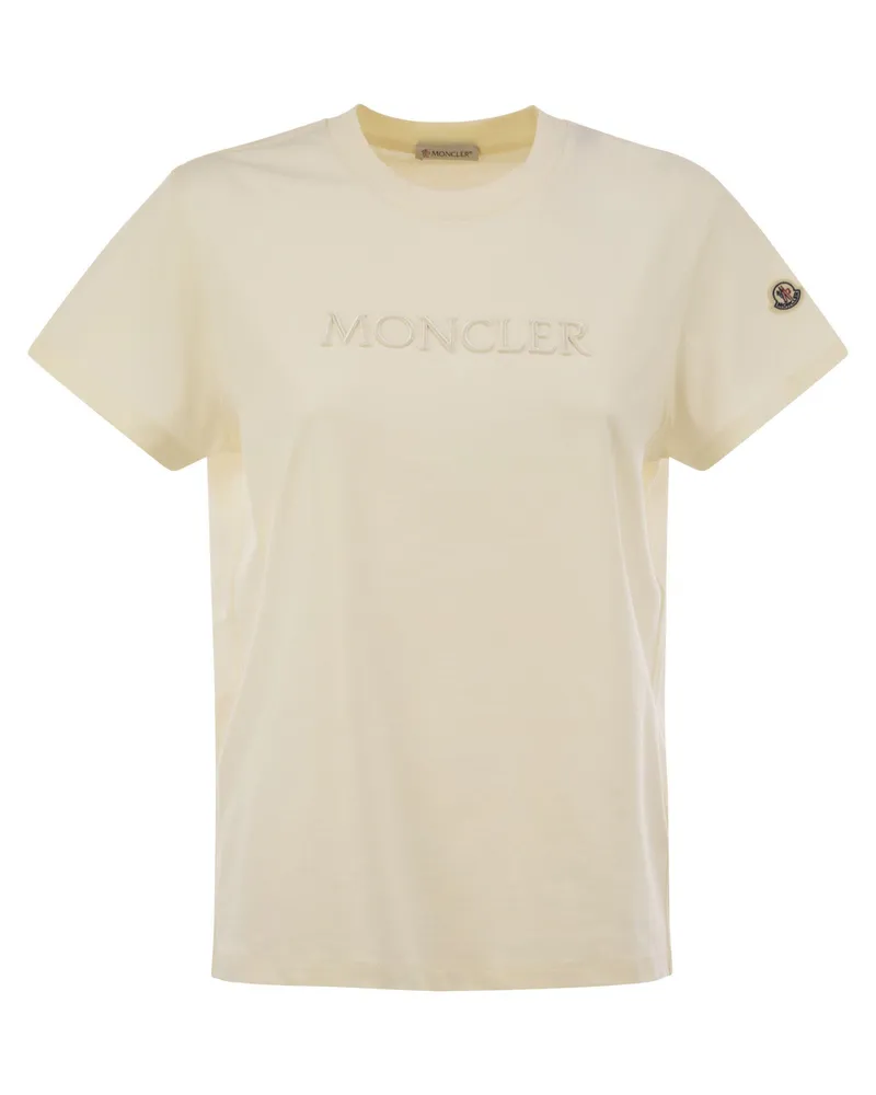 Moncler Baumwoll -T -Shirt mit Ton auf dem Ton gestickten Logo White