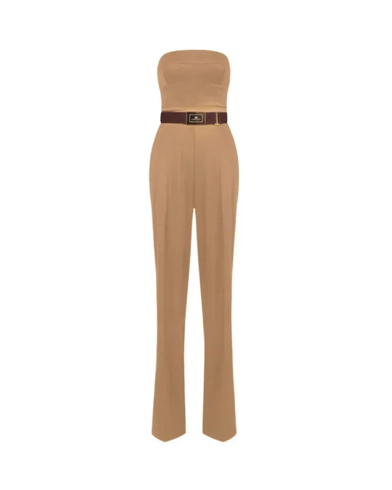 Elisabetta Franchi Stretchanzug mit Gürtel und Criss Cross Camel