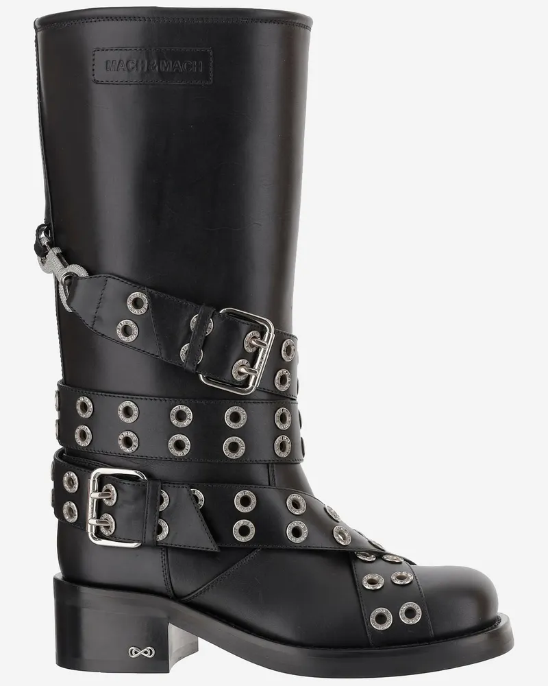 Mach & Mach Leder -Kampfstiefel mit Trägern und Ösen Black