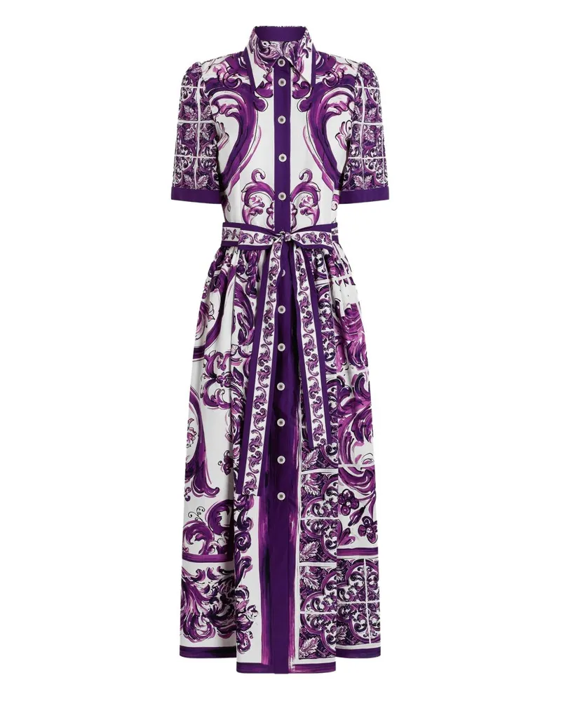 Dolce & Gabbana Maiolica Print Baumwollhemdkleid Purple