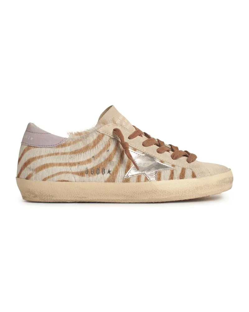 Golden Goose Golden Gans Superstar -Frau in Zebra -Ponyhaar mit Silberstern und Wildlederabsatz Multicolor